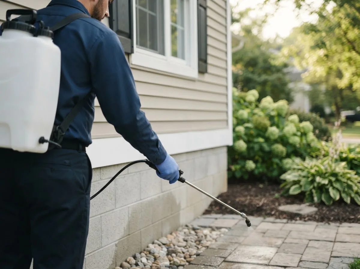 Pest control technician inspecting a home in Lafayette, OH